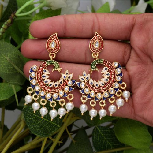 Blue Color Kundan Meenakari Earrings