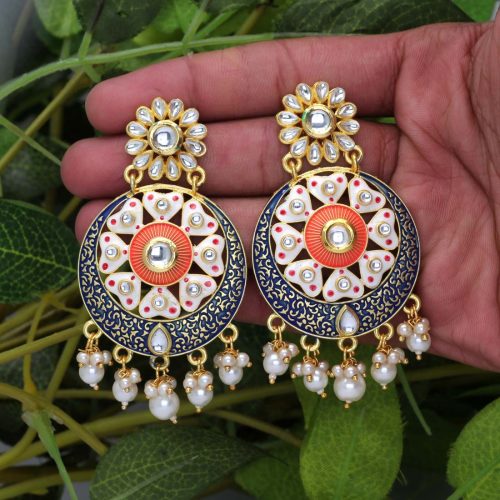 Blue Color Kundan Meenakari Earrings