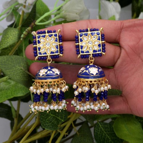 Blue Color Kundan Meenakari Earrings