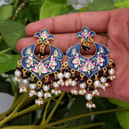 Blue Color Kundan Meenakari Earrings