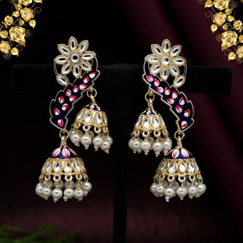 Blue Color Kundan Meenakari Earrings