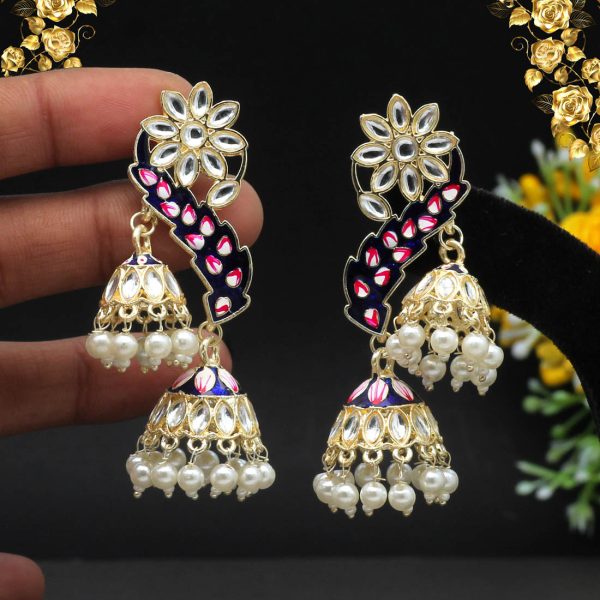 Blue Color Kundan Meenakari Earrings-4947