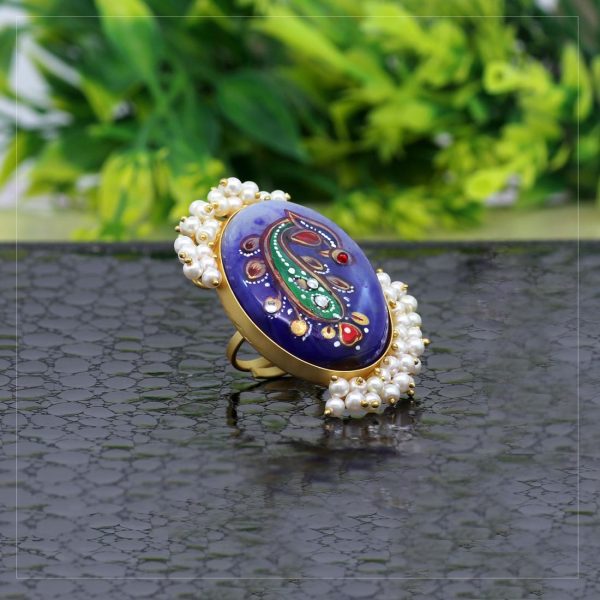 Blue Color Kundan Meenakari Finger Ring For Women-0