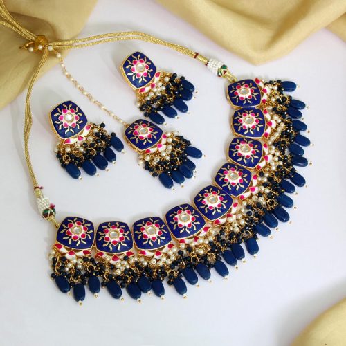 Blue Color Kundan Meenakari Necklace Set