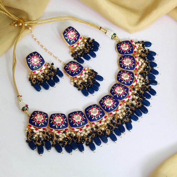 Blue Color Kundan Meenakari Necklace Set-0