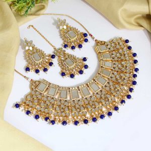 Blue Color Kundan Mirror Necklaces Set-0