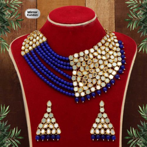 Blue Color Mirror Kundan Necklace Set