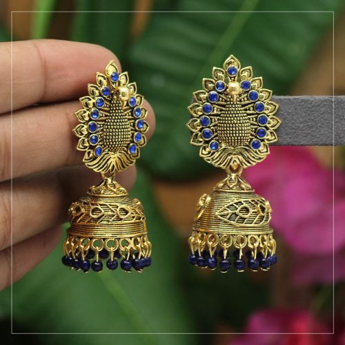 Blue Color Rhinestone Oxidised Earrings