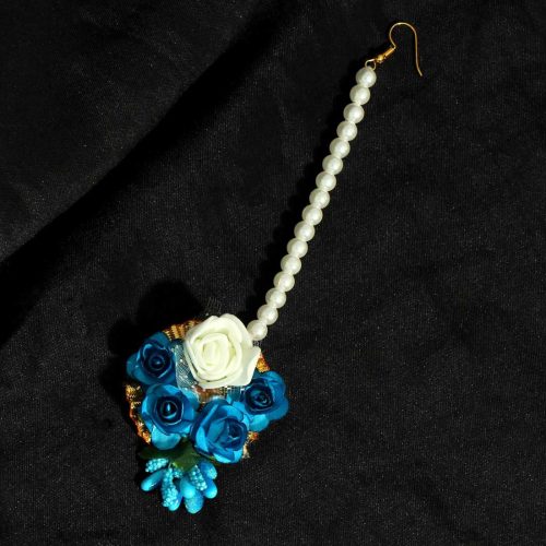 Blue Color Synthetic Rose Floral Maang Tikka