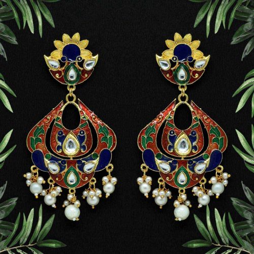 Blue & Red Color Kundan Meenakari Earrings