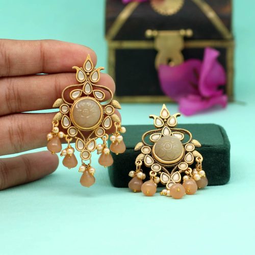 Brown Color Carving Stone Antique Earrings