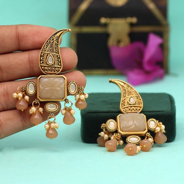 Brown Color Carving Stone Antique Earrings-14514