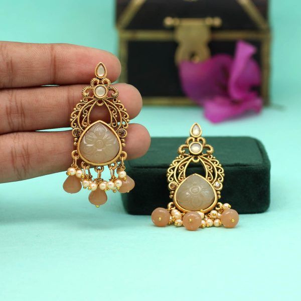 Brown Color Carving Stone Antique Earrings-14067