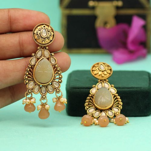 Brown Color Carving Stone Antique Earrings