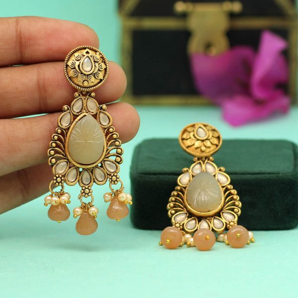 Brown Color Carving Stone Antique Earrings-0