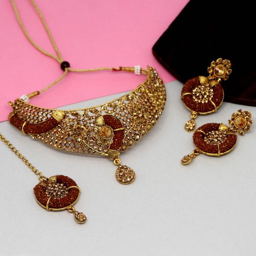 Brown Color Kundan Polki Choker Necklace Set