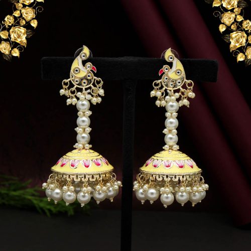 Cream Color Hand Painted Kundan Meenakari Earrings