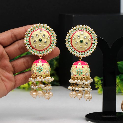 Cream Color Hand Painted Meenakari Earrings