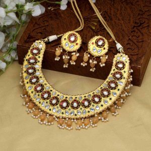 Cream Color Kundan Meena Necklace Set-0