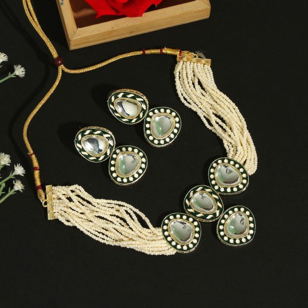 Dark Green Color Choker Kundan Meenakari Necklace Set-0