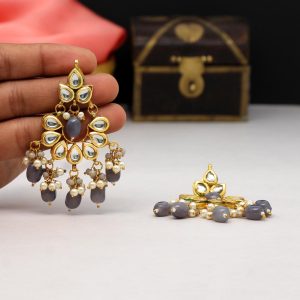 Dark Grey Color Kundan Earrings-0