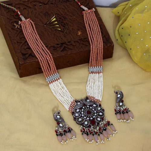 Dark Peach Color Beads Necklace Set