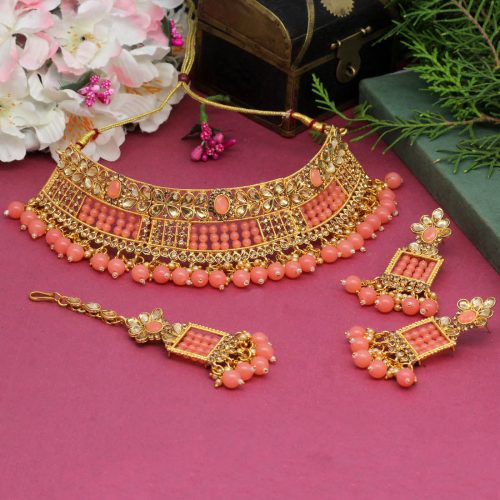 Dark Peach Color Choker Kundan Polki Necklace Set