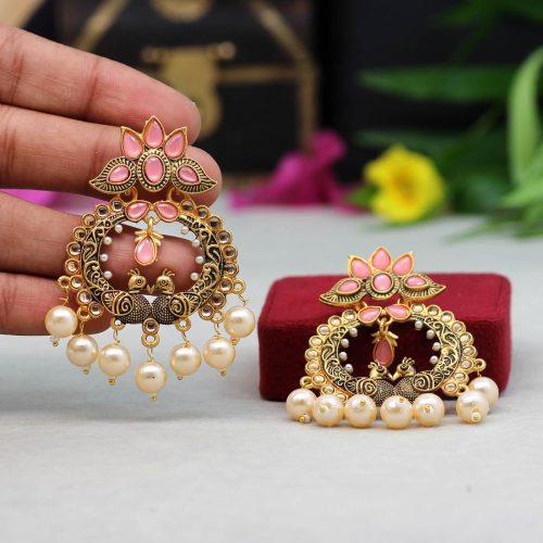 Dark Peach Color Colorful Kundan Antique Earrings