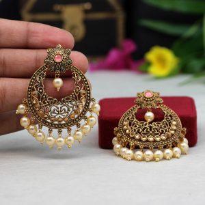 Dark Peach Color Colorful Kundan Antique Earrings-0