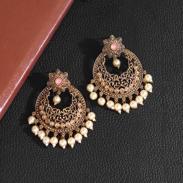 Dark Peach Color Colorful Kundan Antique Earrings-12310