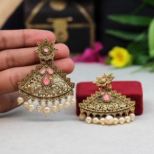 Dark Peach Color Colorful Kundan Antique Earrings-0