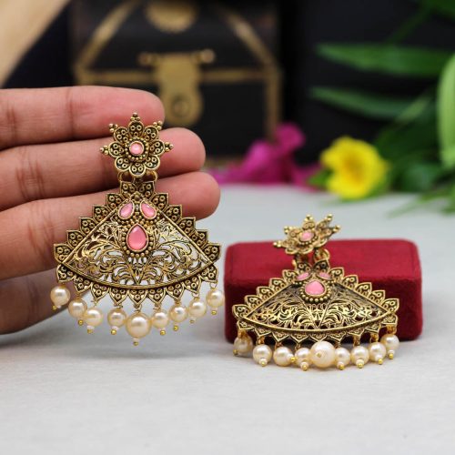 Dark Peach Color Colorful Kundan Antique Earrings