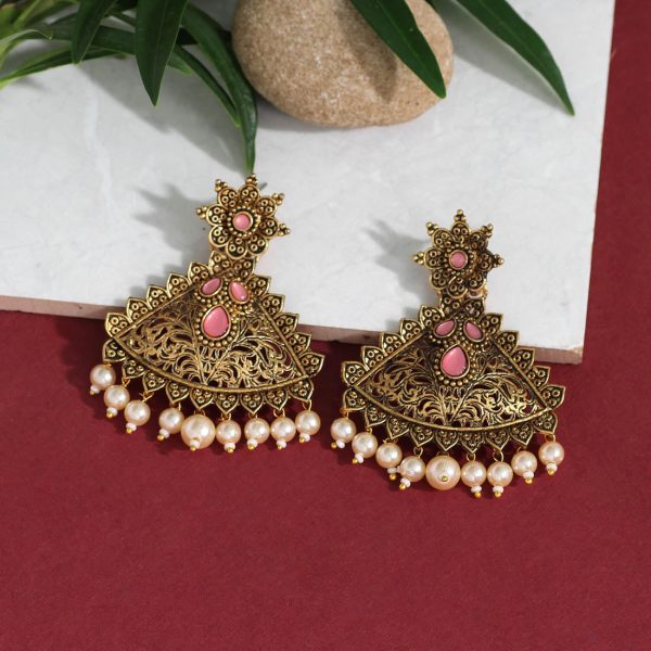 Dark Peach Color Colorful Kundan Antique Earrings-14560