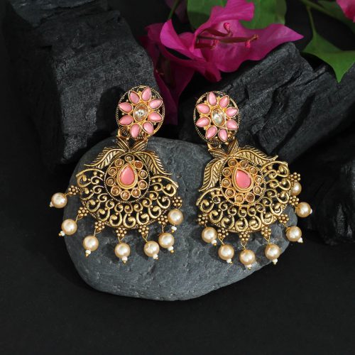 Dark Peach Color Colorful Kundan Antique Earrings