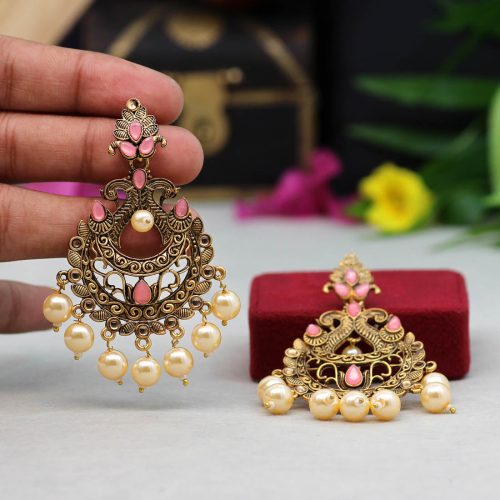 Dark Peach Color Colorful Kundan Antique Earrings