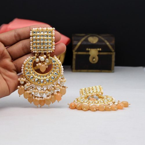 Dark Peach Color Kundan Earrings