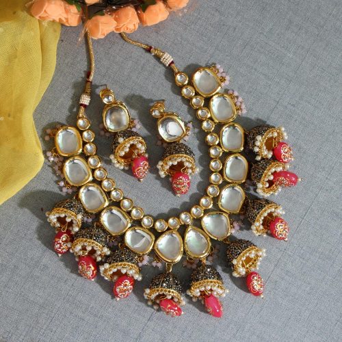 Dark Peach Color Kundan Meenakari Necklace Set