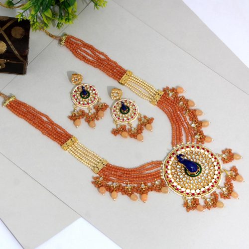 Dark Peach Color Kundan Meenakari Necklace Set