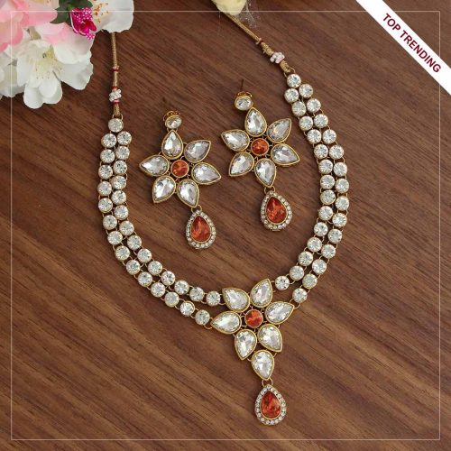 Dark Peach Color Kundan Necklace Set