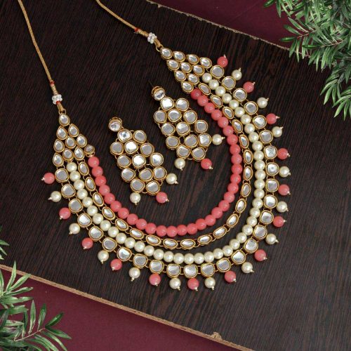 Dark Peach Color Kundan Necklace Set