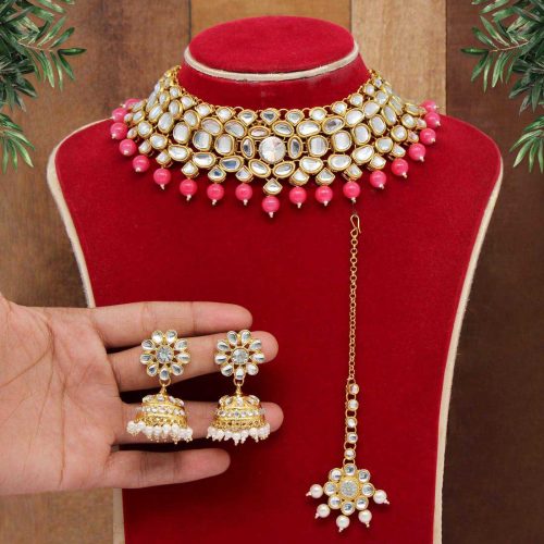 Dark Peach Color Kundan Necklace Set