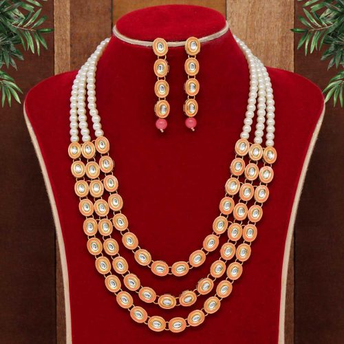 Dark Peach Color Kundan Necklace Set