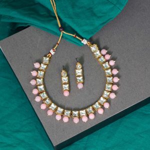 Dark Peach Color Kundan Necklace Set-0