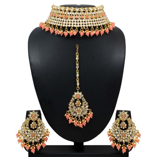 Dark Peach Color Kundan Necklace Set