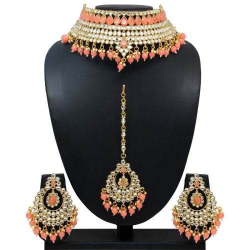 Dark Peach Color Kundan Necklace Set