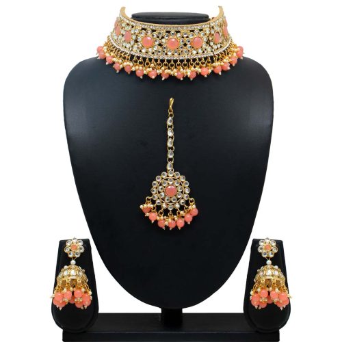 Dark Peach Color Kundan Necklace Set