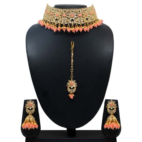 Dark Peach Color Kundan Necklace Set