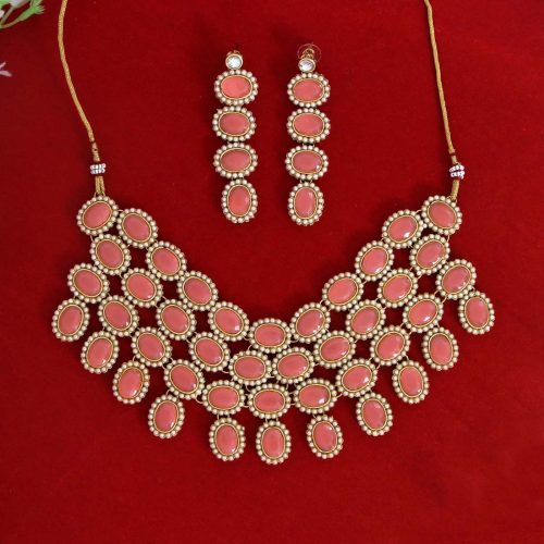 Dark Peach Color Kundan Necklace Set