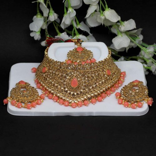 Dark Peach Color Kundan Necklace Set