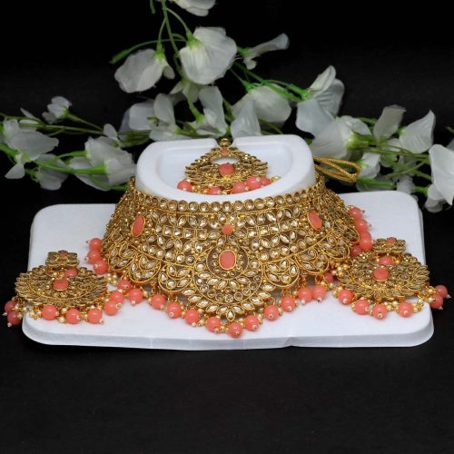 Dark Peach Color Kundan Necklace Set